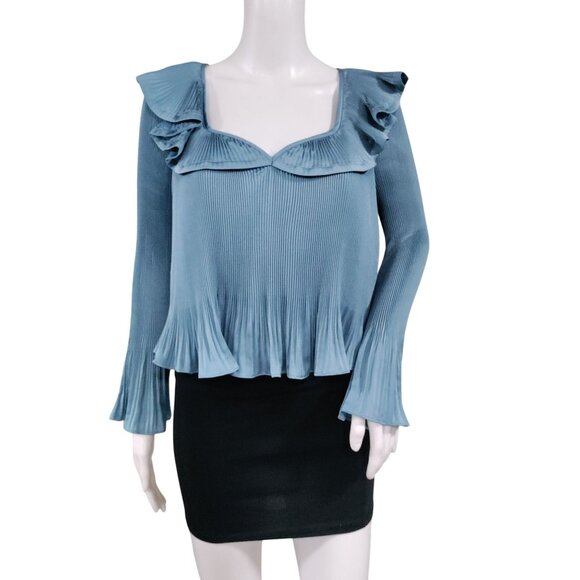 Derek Lam 10 Crosby Charis Pleated Ruffle Whimsy Top Long Bell Sleeves Blue S - Picture 2 of 15